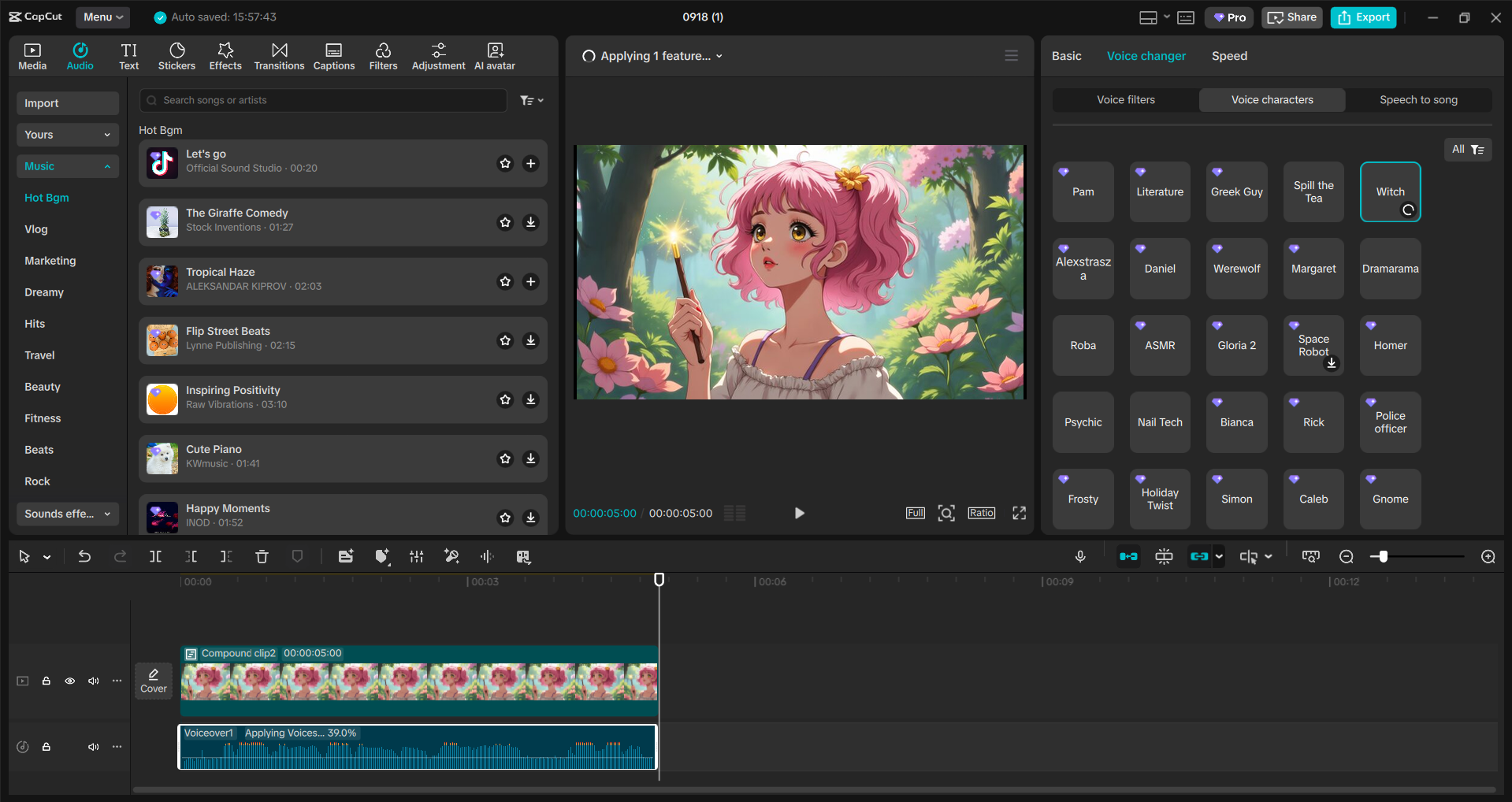 Interfejs CapCut komputerowego edytora wideo - łatwy w użyciu zmieniacz głosu anime girl