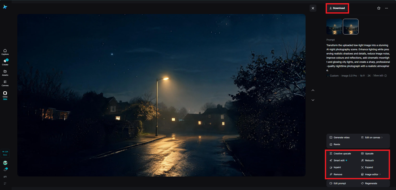 Udoskonal i pobierz swój obraz fotografii nocnej AI