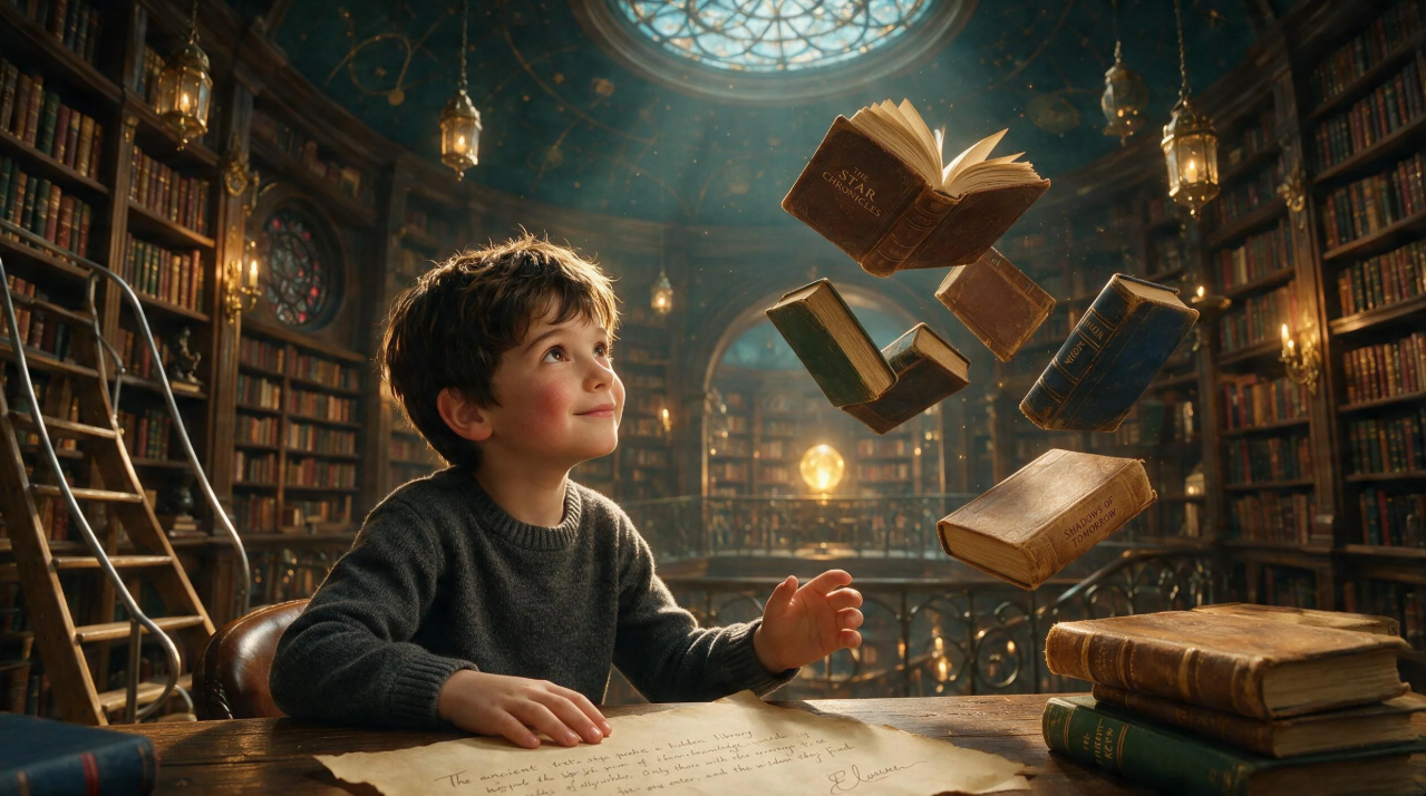 Invite pour un enfant explorant une bibliothèque magique