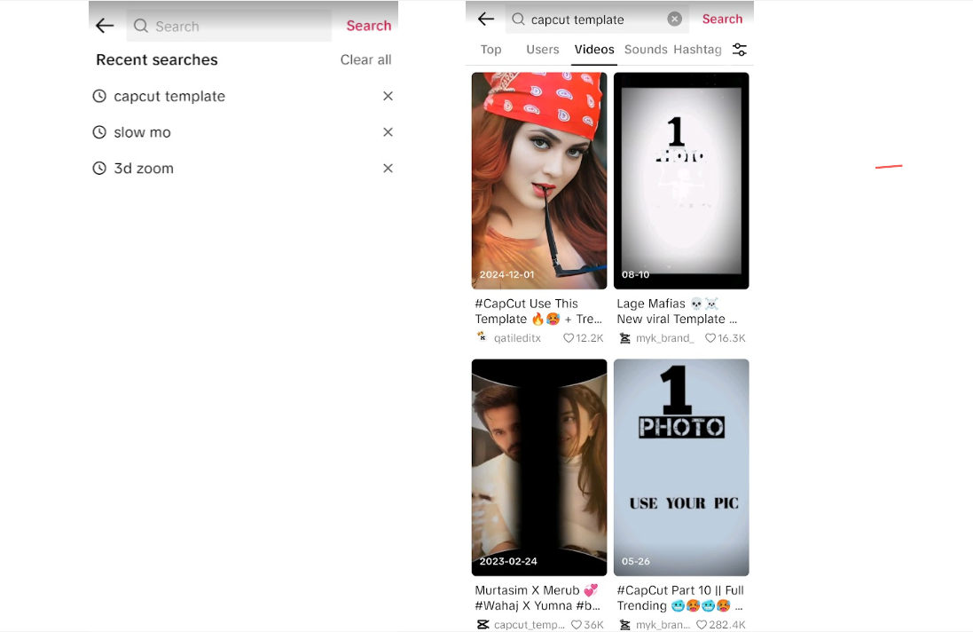 TikTok-Suchergebnisse mit Optionen für CapCut-Vorlagen