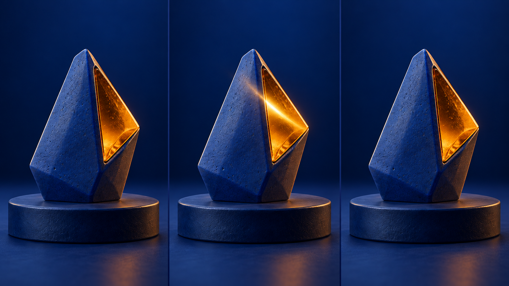 Editorial triptych showing the same cobalt geometric marker at an identity signal a single amber reveal and a readable hold