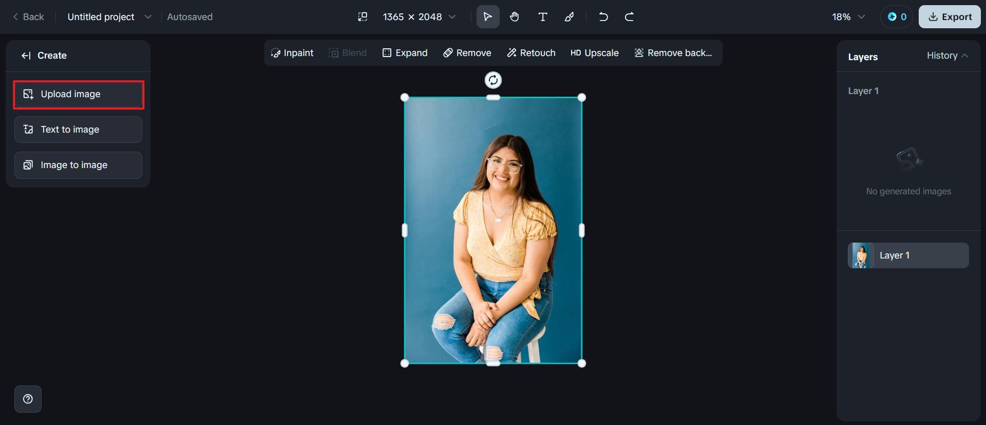 Klicken Sie auf "Bild hochladen", um das Foto online mit Dreamina neu zu färben