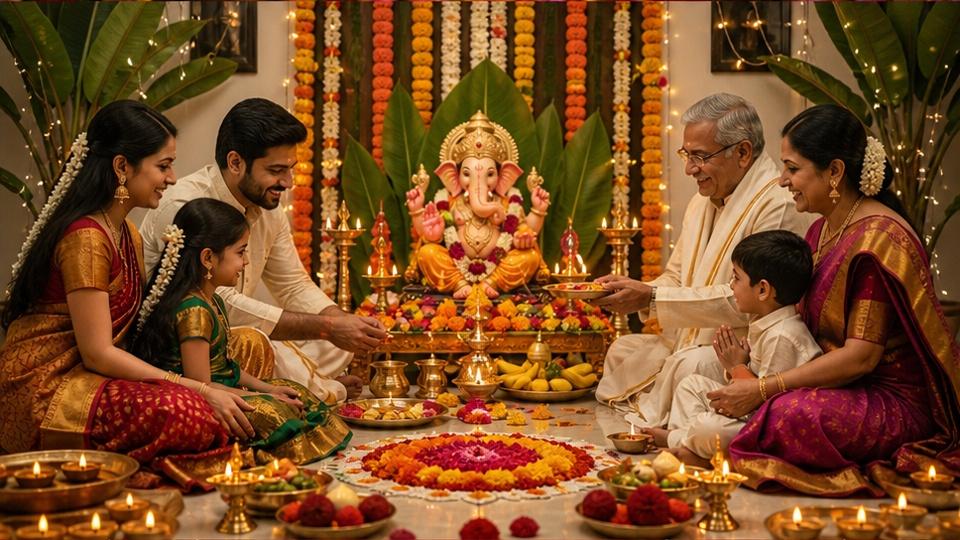 Poster Vinayaka Chavithi AI - Ganesha înconjurat de flori, lămpi și culoare de sărbătoare