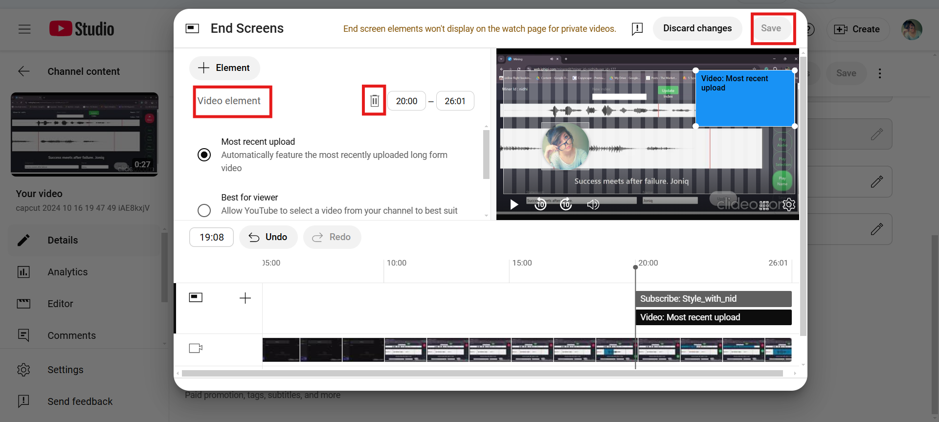 delete end card for YouTube