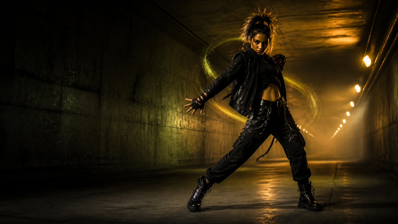 Fictional performer in a concrete tunnel with amber and green motion trails