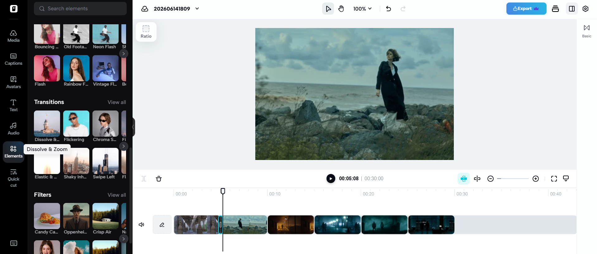 cross dissolve transition applied between two video clips in Pippit AI editing timeline for cinematic effect