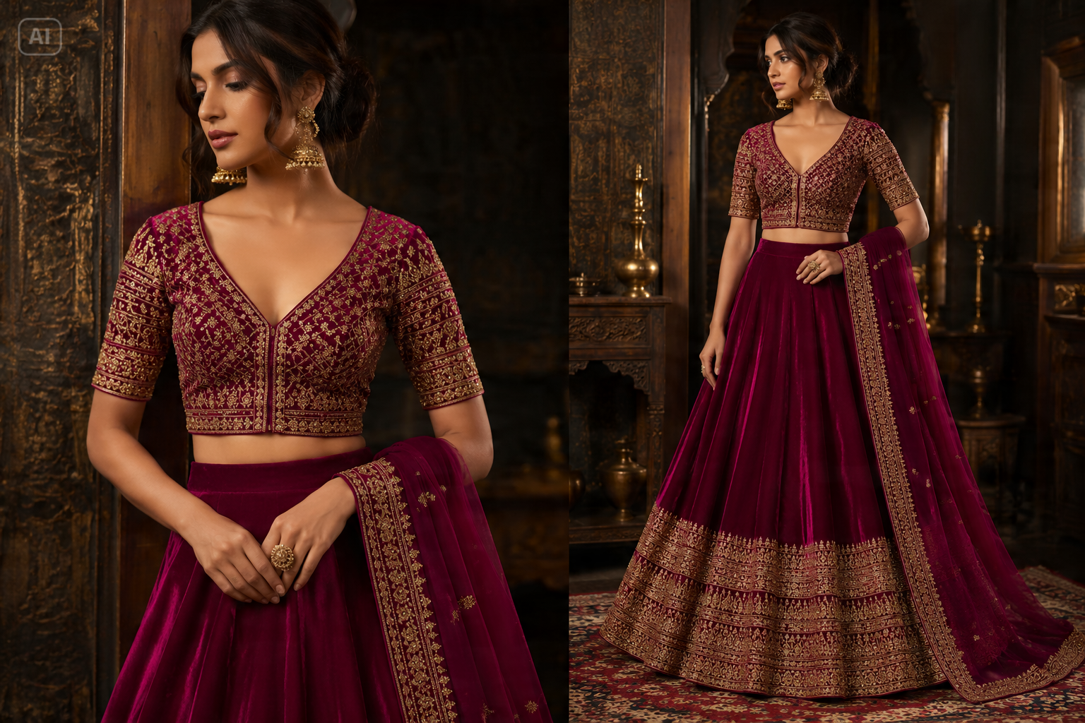 Djup Magenta Sammet Zari Lehenga