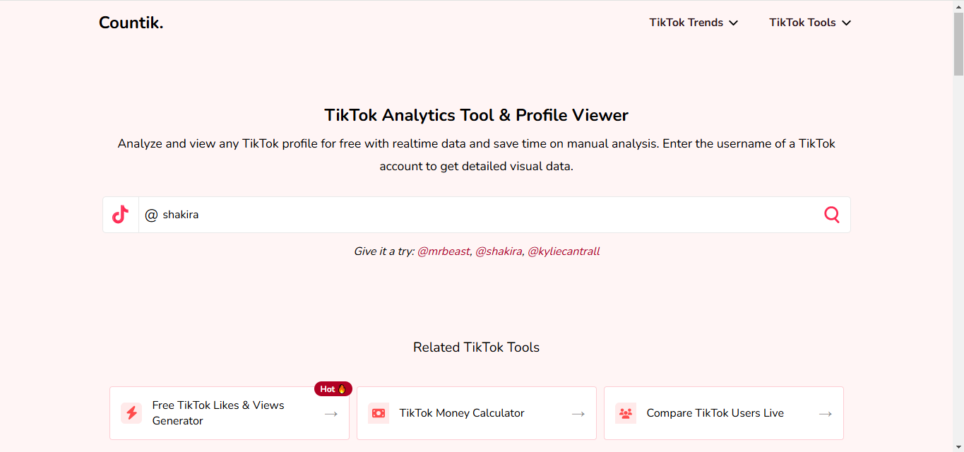 Countikのインターフェース-最高の無料TikTok分析ツールの1つ