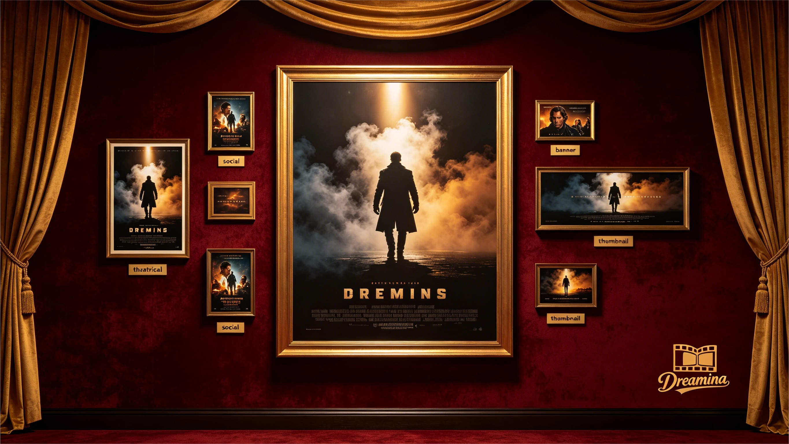 Dreamina AI genererar filmaffischer med dramatisk belysning, stark fokalkomposition och textvänliga layouter för nyckelkonst i filmstil och animerade teasers.