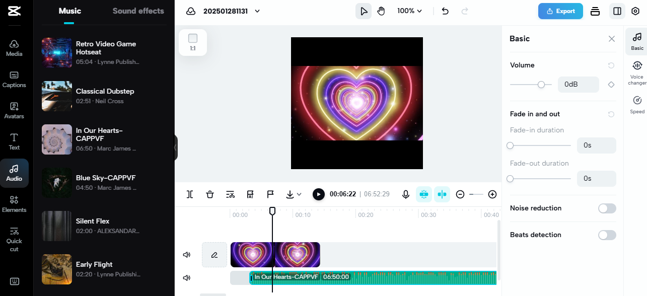 Editor video CapCut dengan animasi hati neon dan pilihan musik latar, sebuah alat kreatif untuk pekerjaan sampingan dari rumah.