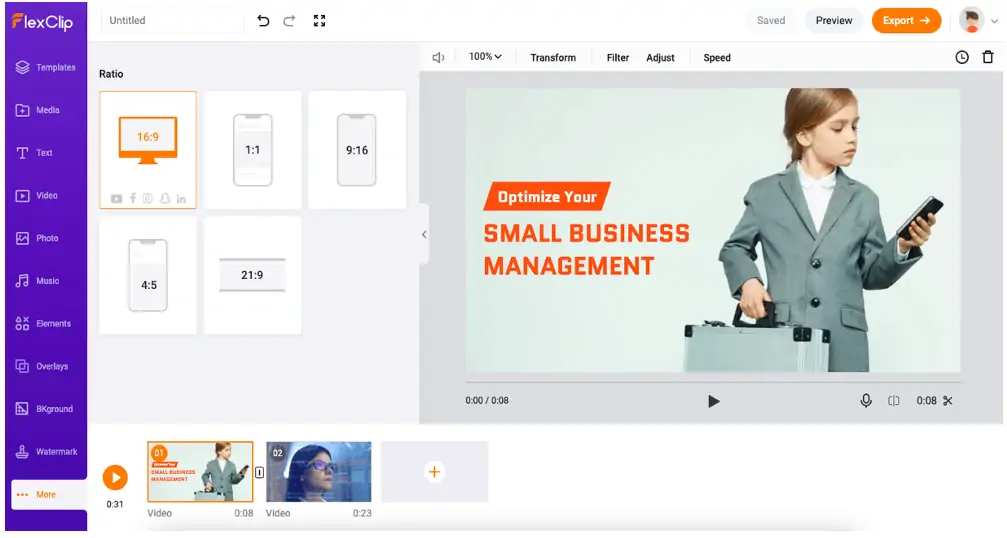 Antarmuka FlexClip- pembuat intro YouTube online gratis tanpa tanda air