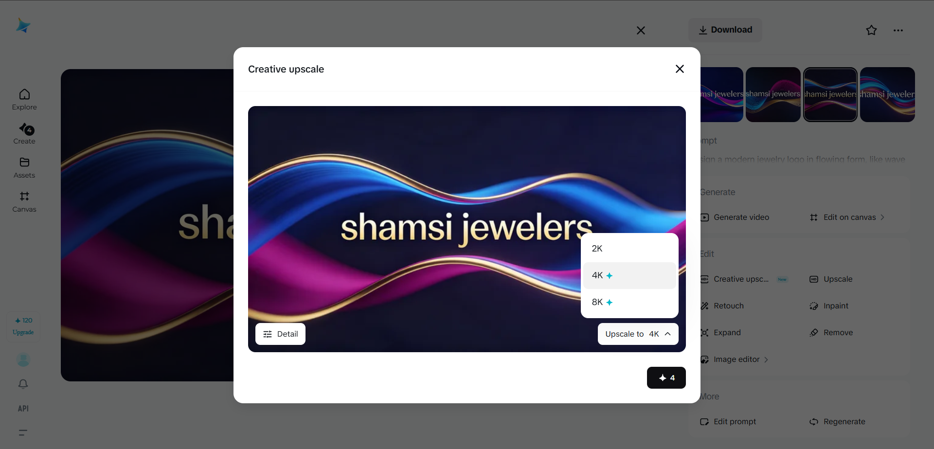 Sharpening the jewelry logo up to 8k using the Creative upscale feature of Dreamina