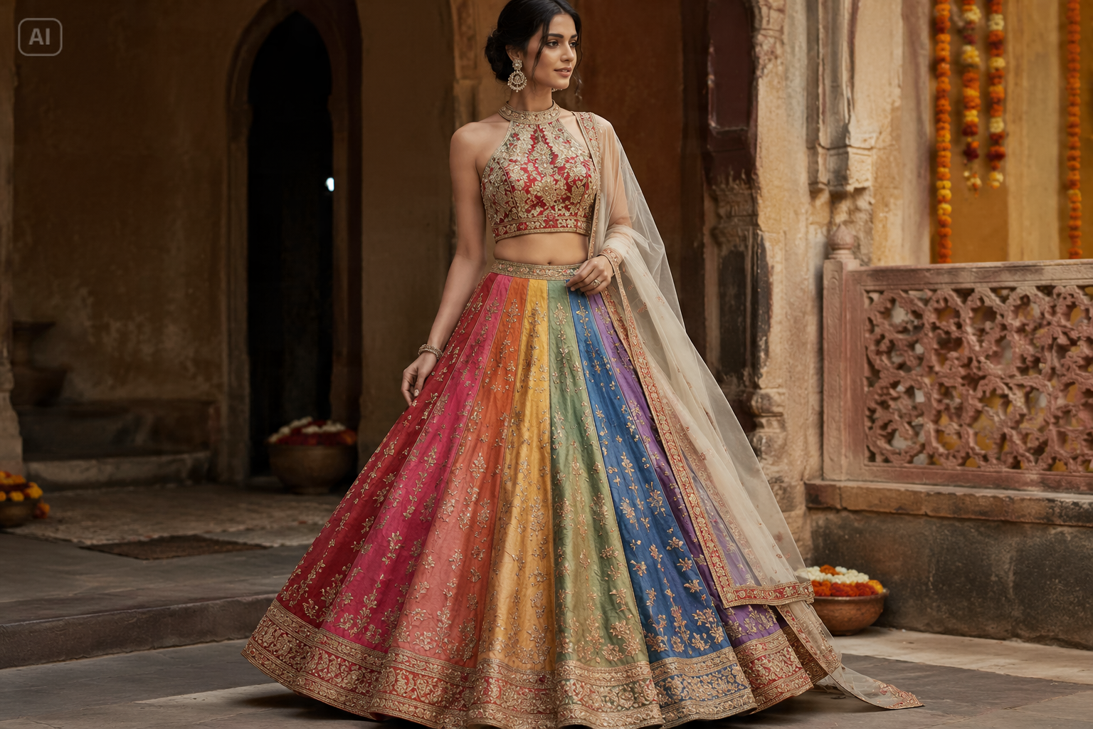 Flerfärgad regnbåge brud lehenga