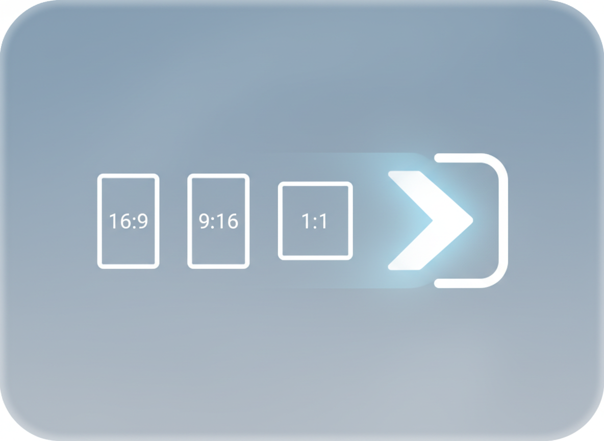 Inputs and outputs panel: aspect ratio tiles 16:9, 9:16, 1:1 with an export arrow in a clean UI metaphor.