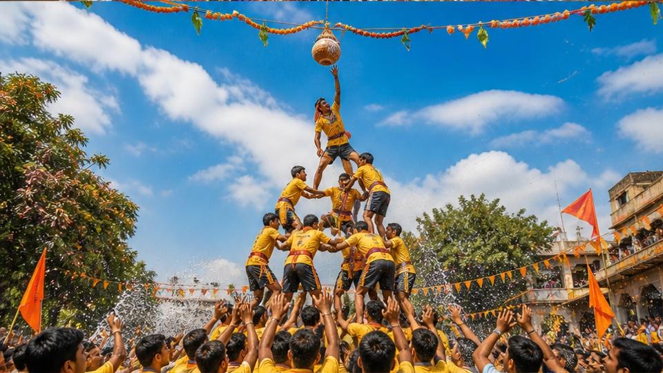 Dahi Handi AI Image Prompts — festival decorations and participants reaching for the handi