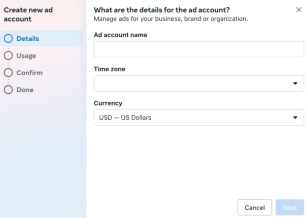 Nhập chi tiết tài khoản trong Facebook Ad Manager