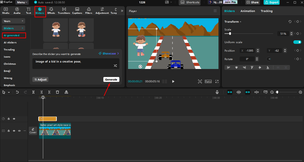 CapCut Editor zeigt KI-Bildgenerator für Cloud-Diagramm