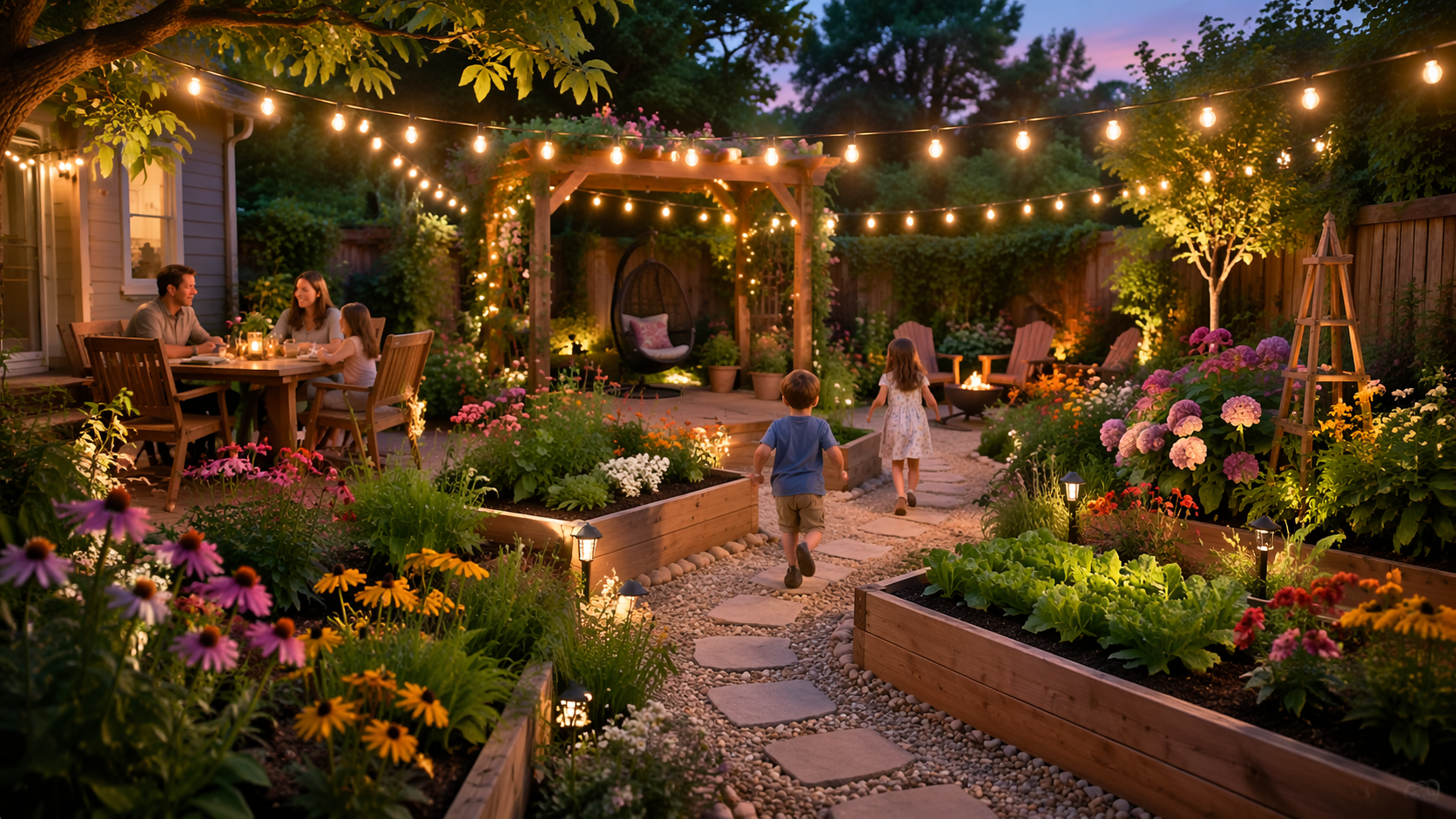 Dreamina gardening ideas prompt example 6: Family Backyard Garden