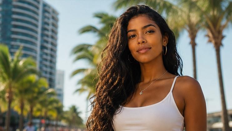 Sunny urban portrait of a fictional adult Brazilian woman