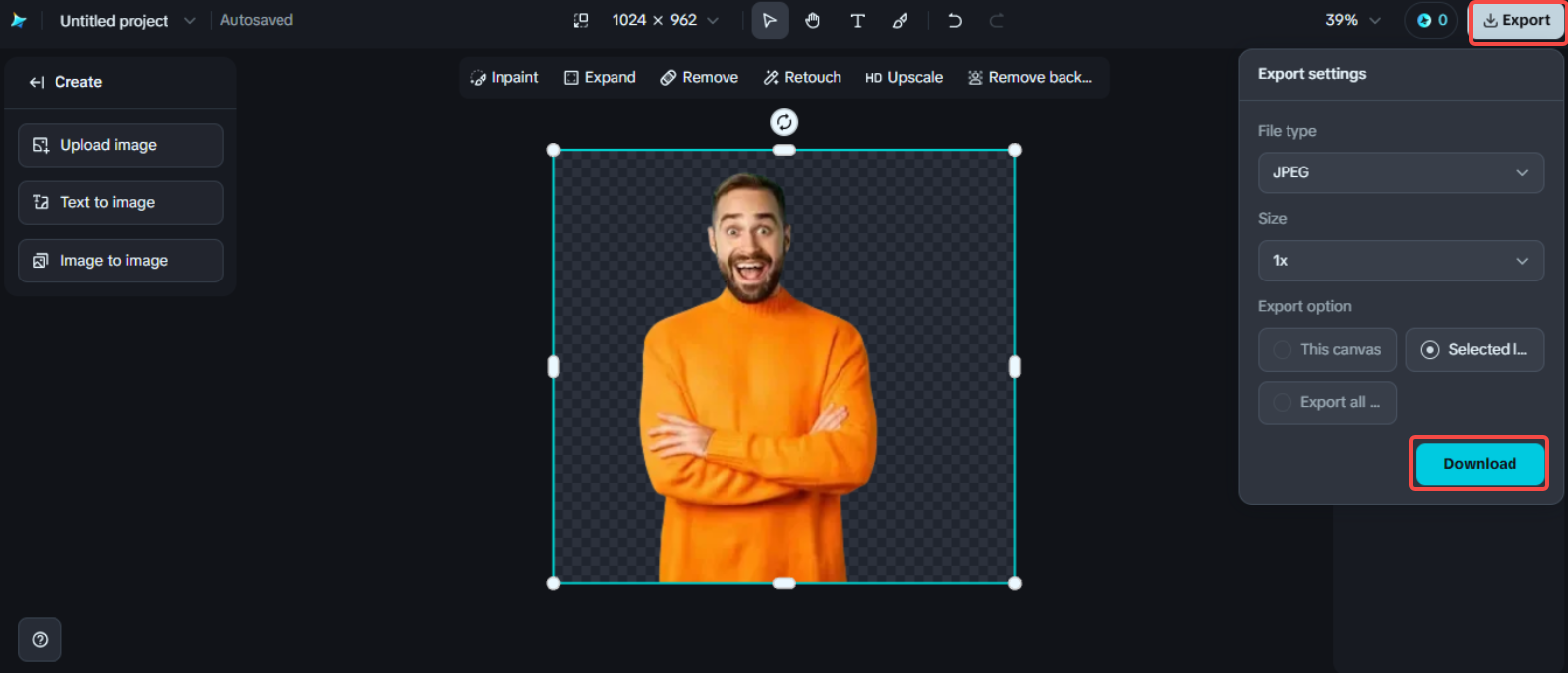 Downloading the photo in Dreamina