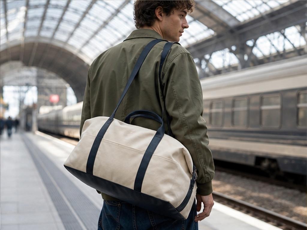 Add Bag to Video AI prompt example 5 - Travel duffel scene