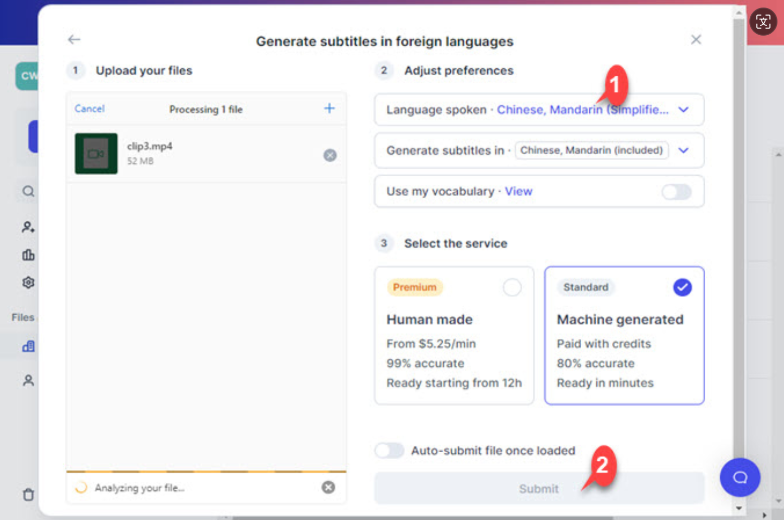 Interface of Happyscribe - ein einfach zu bedienender Konverter von chinesischen zu englischen Untertiteln
