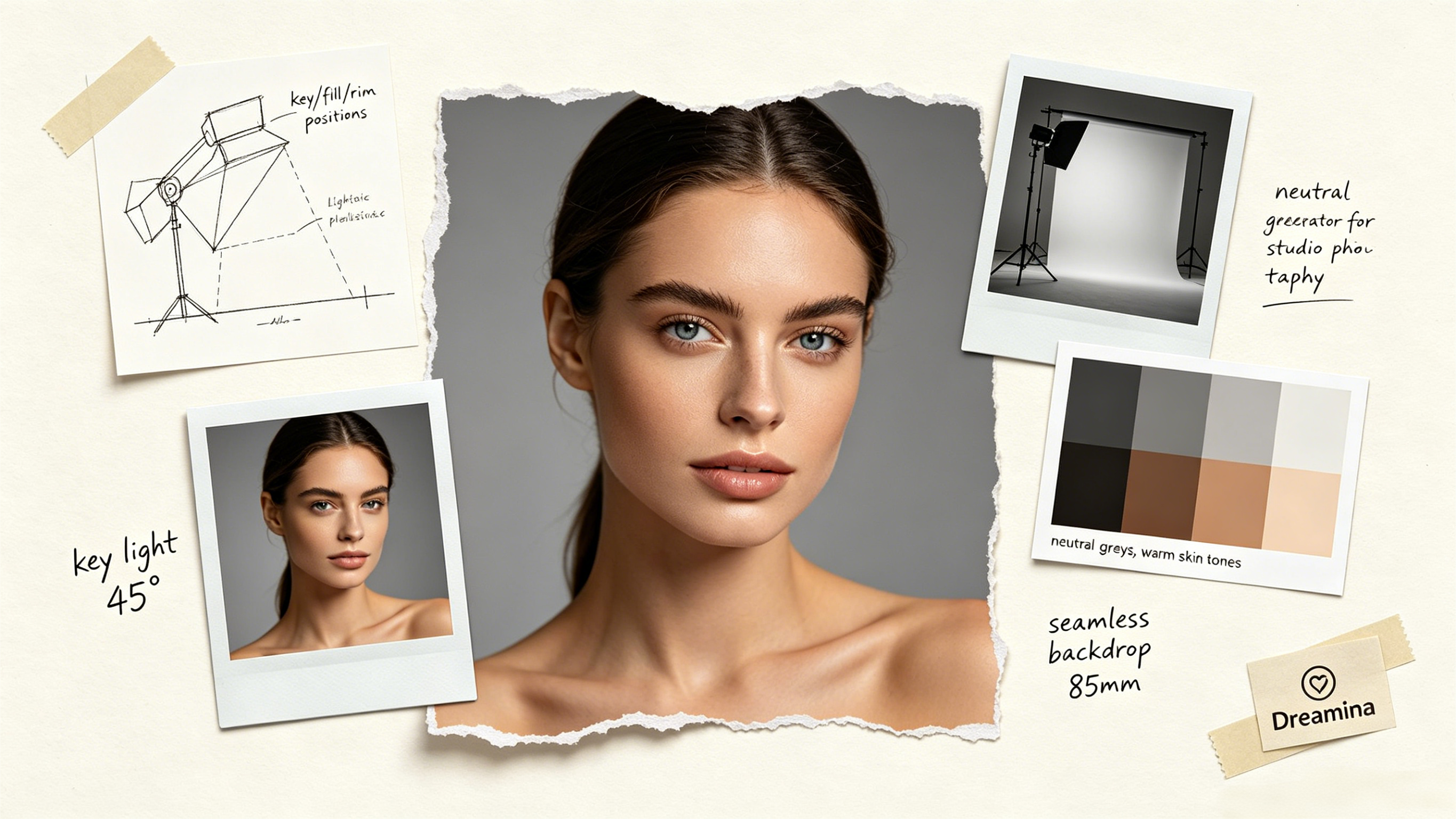 Dreamina AI generating photorealistic studio photography with controlled lighting, natural skin texture, and seamless backgrounds for professional portraits and product shots.