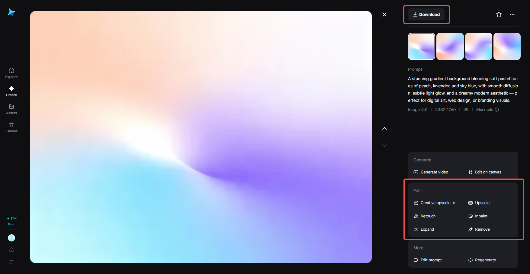 Förhandsgranska, redigera och ladda ned din gradient.