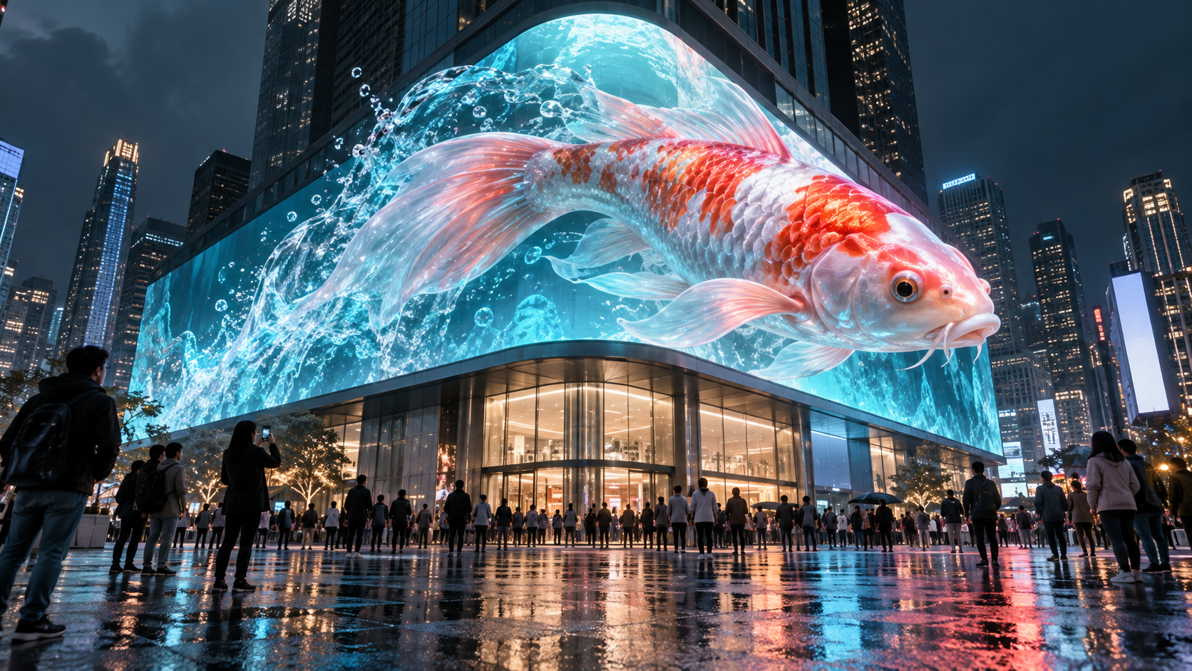 an urban screen illusion designed around one viewing point, a curved corner, believable depth, and objects crossing the frame