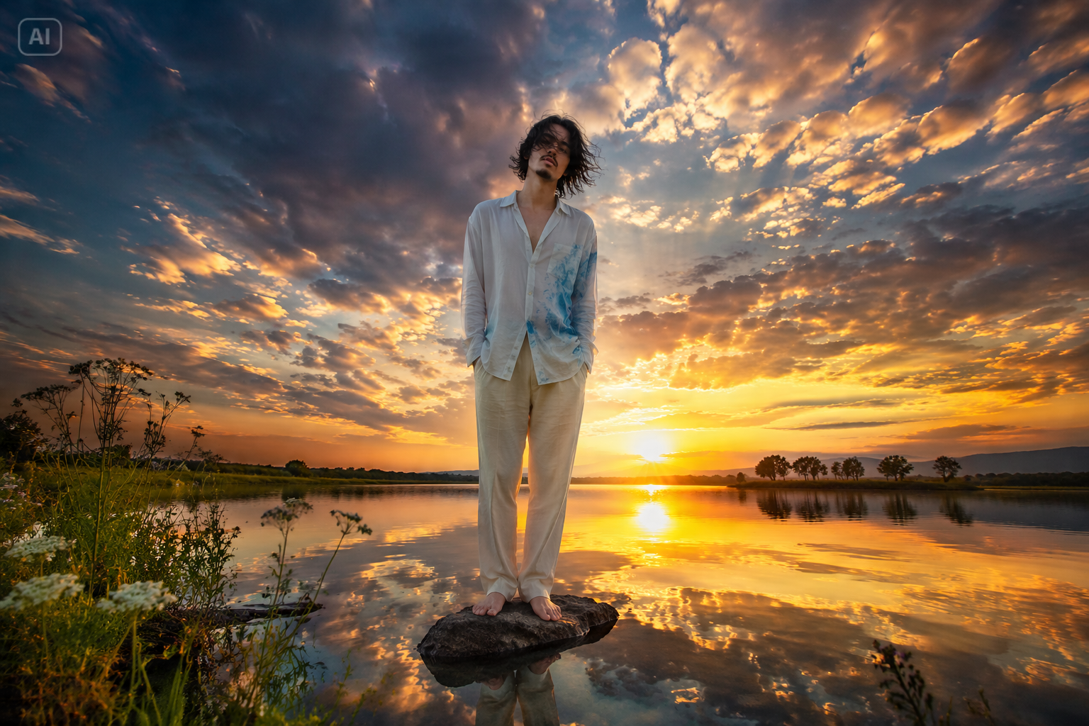 Kinowy portret estetyczny nad rzeką o zachodzie słońca