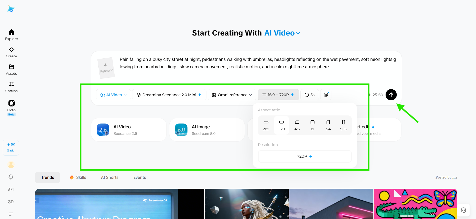 Selecting video generation settings in Dreamina and generating the video
