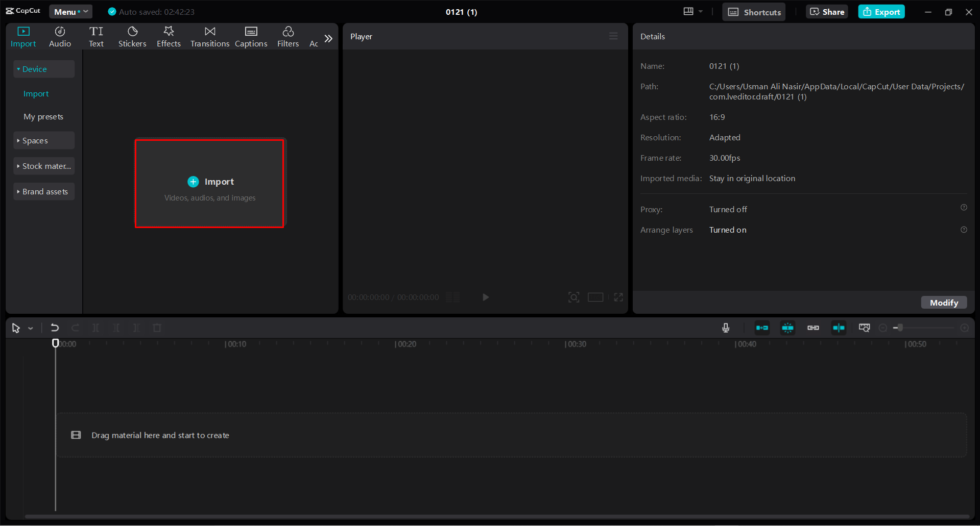 Importul unui videoclip în editorul video CapCut desktop