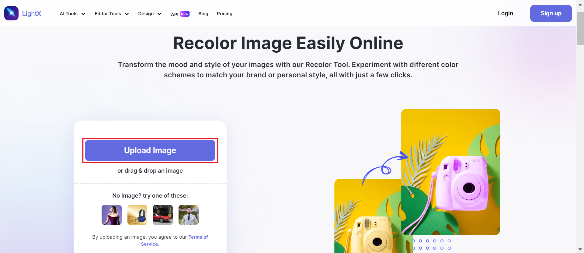 Klicken Sie im LightX Online Recolor Image Editor auf "Bild hochladen"