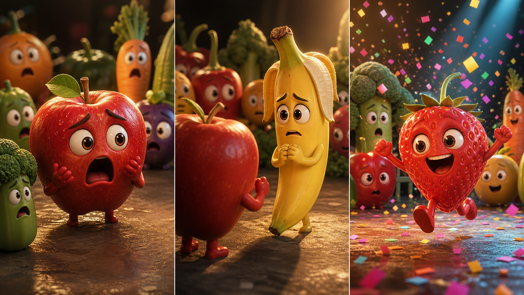 Risultato del prompt dello storyboard della storia di frutta
