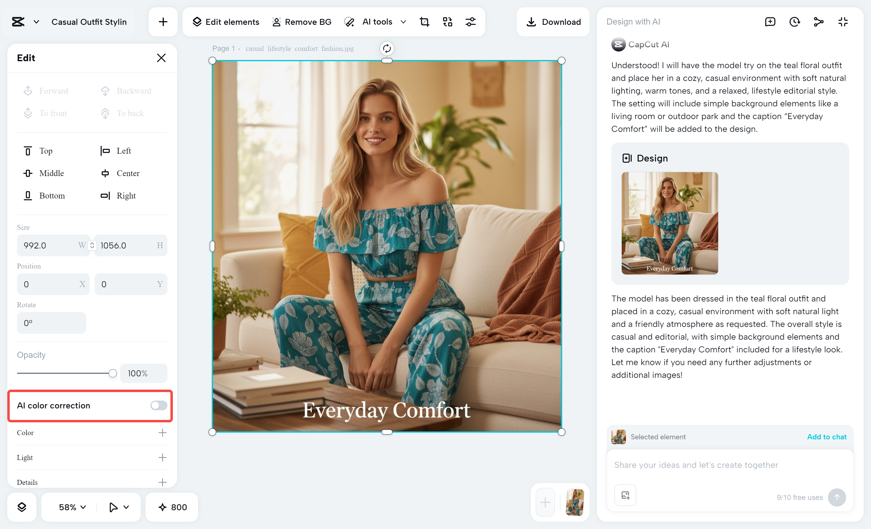 CapCut AI color correction controls displayed beside an open fashion design canvas