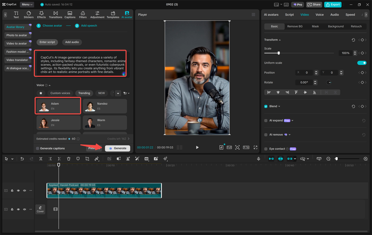 CapCut AI avatar workspace with a presenter, script controls, and voice settings