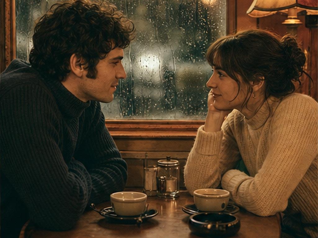 Retro-style Romantic Short Film prompt example 2 - Rainy cafe glance