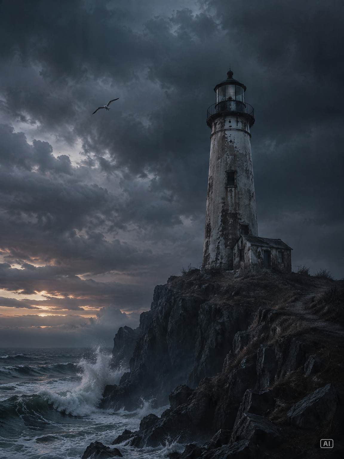 Abandoned lighthouse writing prompt image generated by Pippit