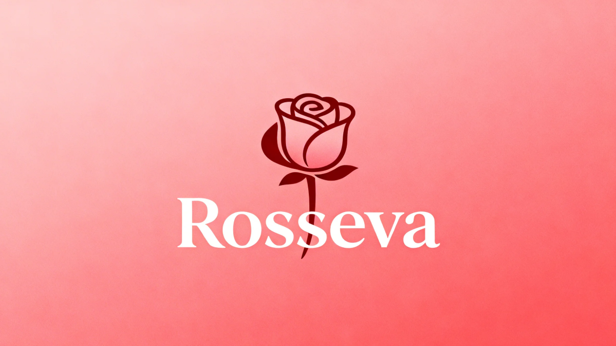 Logo mawar Rosseva yang minimalis dengan garis yang bersih.