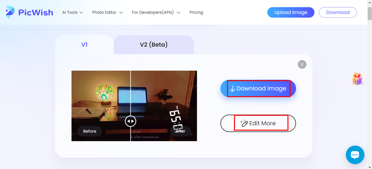 Picwish felülete - egy online eszköz, amelyet a homályos kép törléséhez használnak