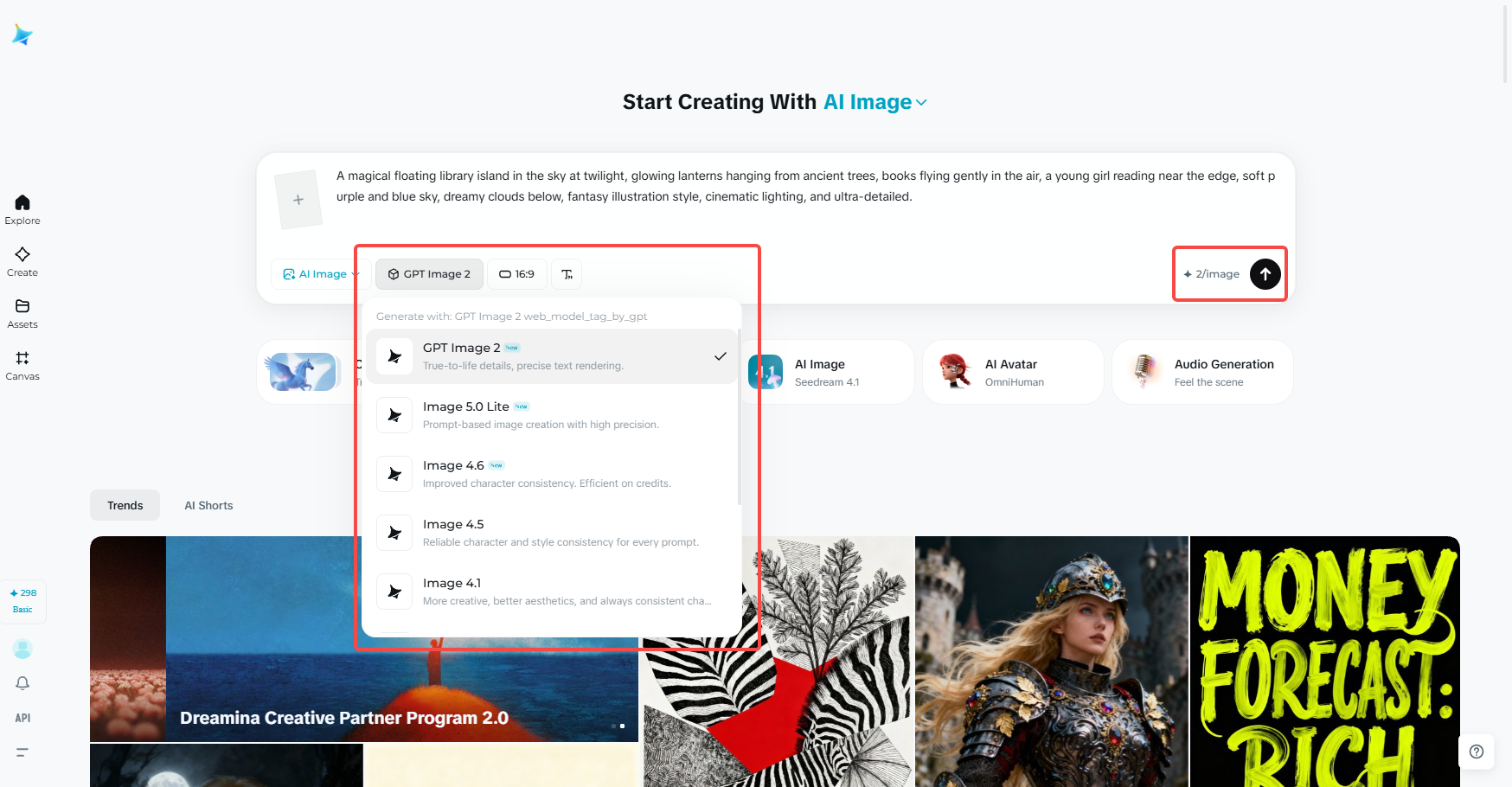 Choose Seedream 5.0 and customize settings