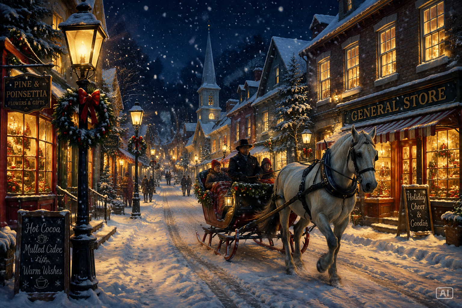 Snowy Christmas village street generated by Pippit