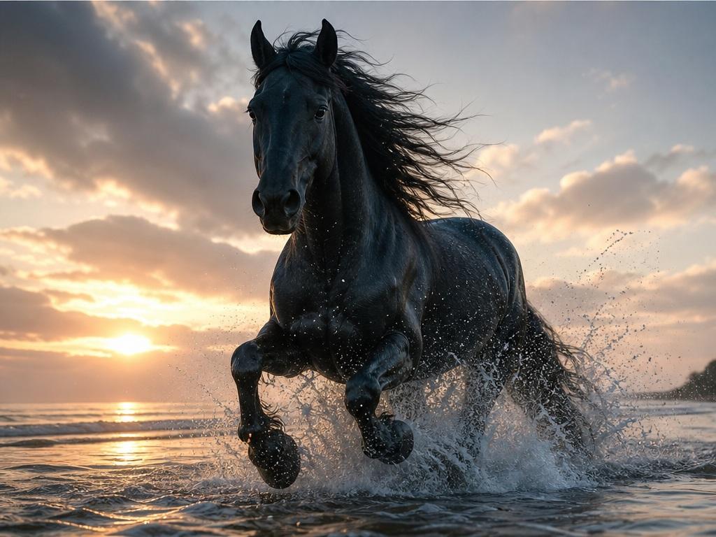 Morphic Text to Image AI Generator Alternative prompt example 6 - Black horse at dawn