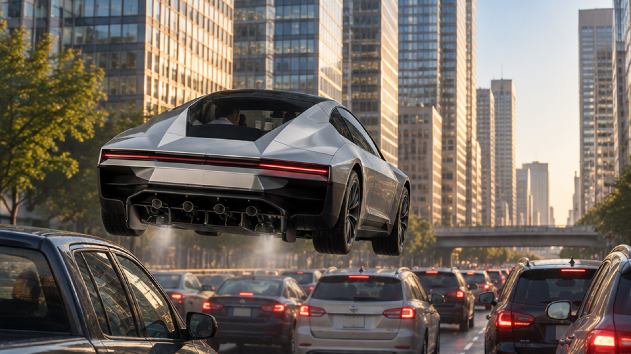 A silver-white angular Roadster hovering upright above a morning office-district traffic queue, rear three-quarter phone view, warm sunrise on glass buildings, black canopy and four attached wheels