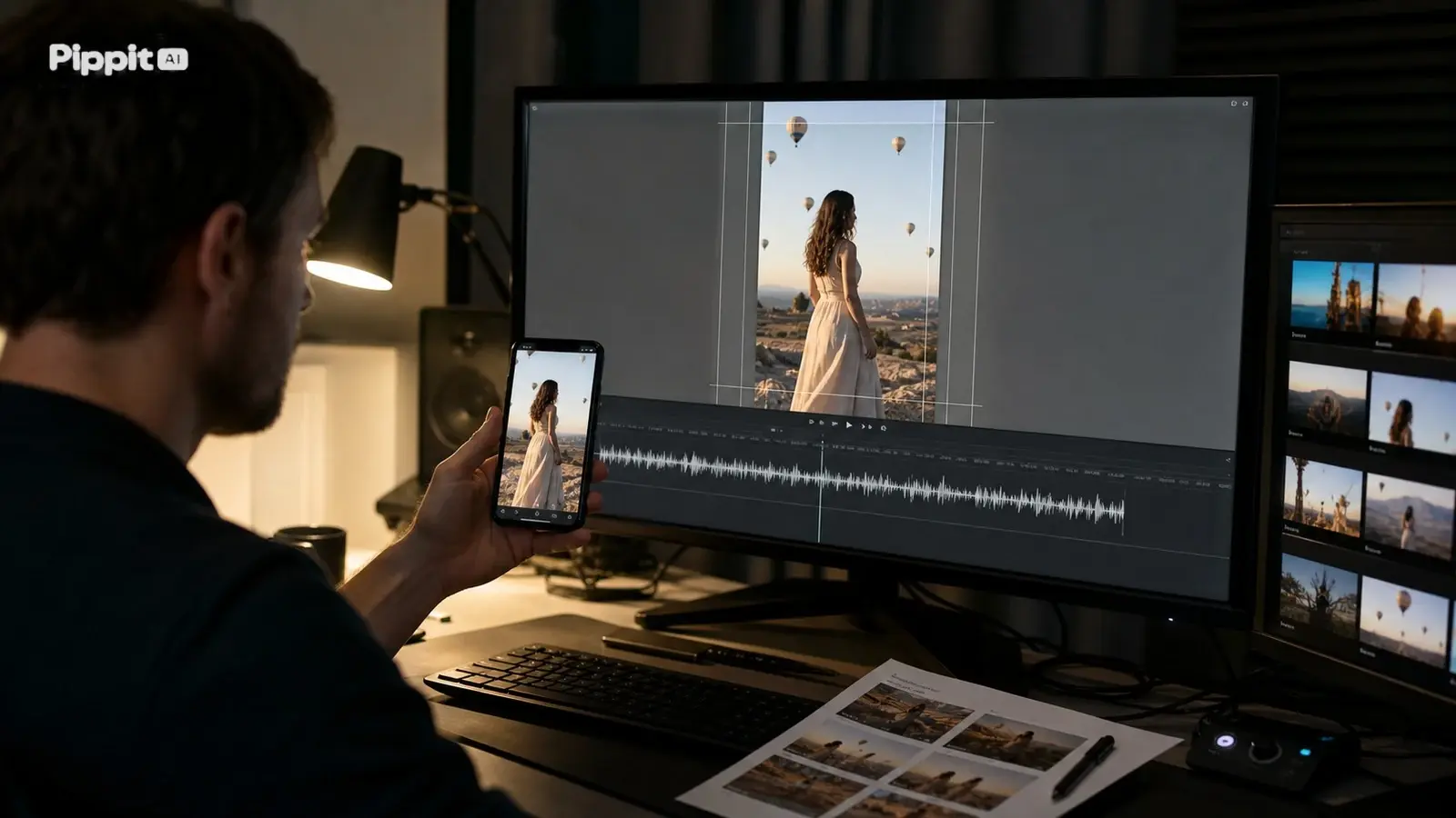 Editor de vídeo comparando um clipe de celular com uma linha do tempo de desktop e pré-visualização em um monitor grande