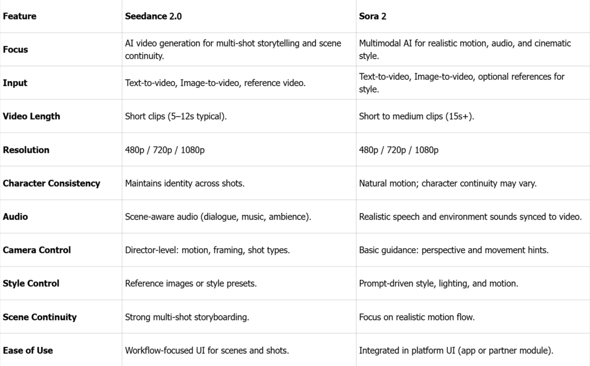 Seedance 2.0 vs Sora 2：機能の完全比較