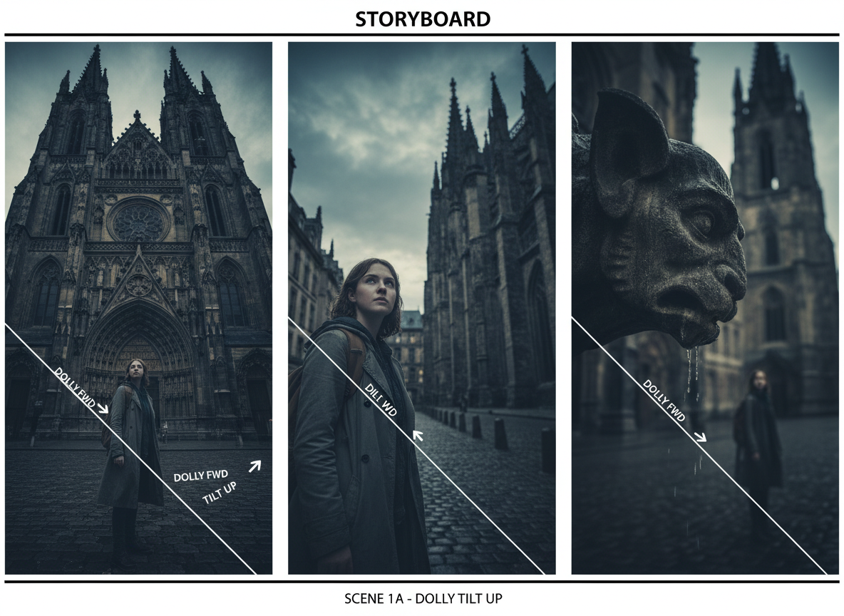 Use case thumbnail: film or game pre‑viz storyboard frames with dolly and tilt motion arrows, cohesive grade.