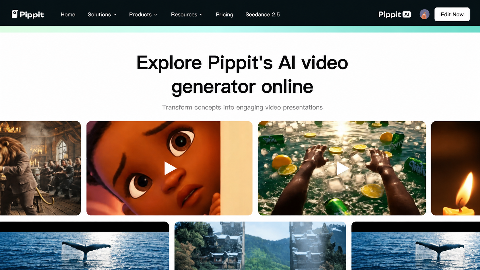 Pippit AI video generator page with a grid of video thumbnails and play icons