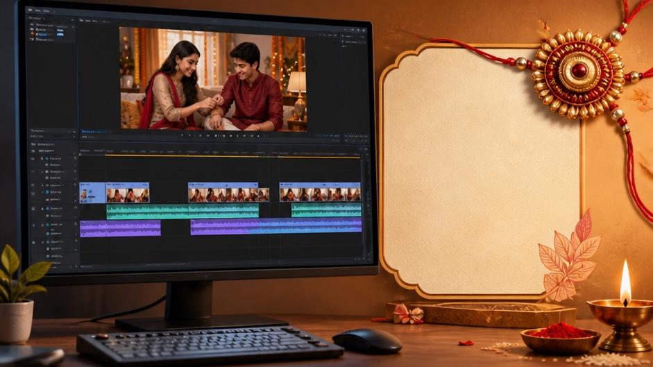 Sunny urban portrait of a fictional adult raksha bandhan shayari video editing