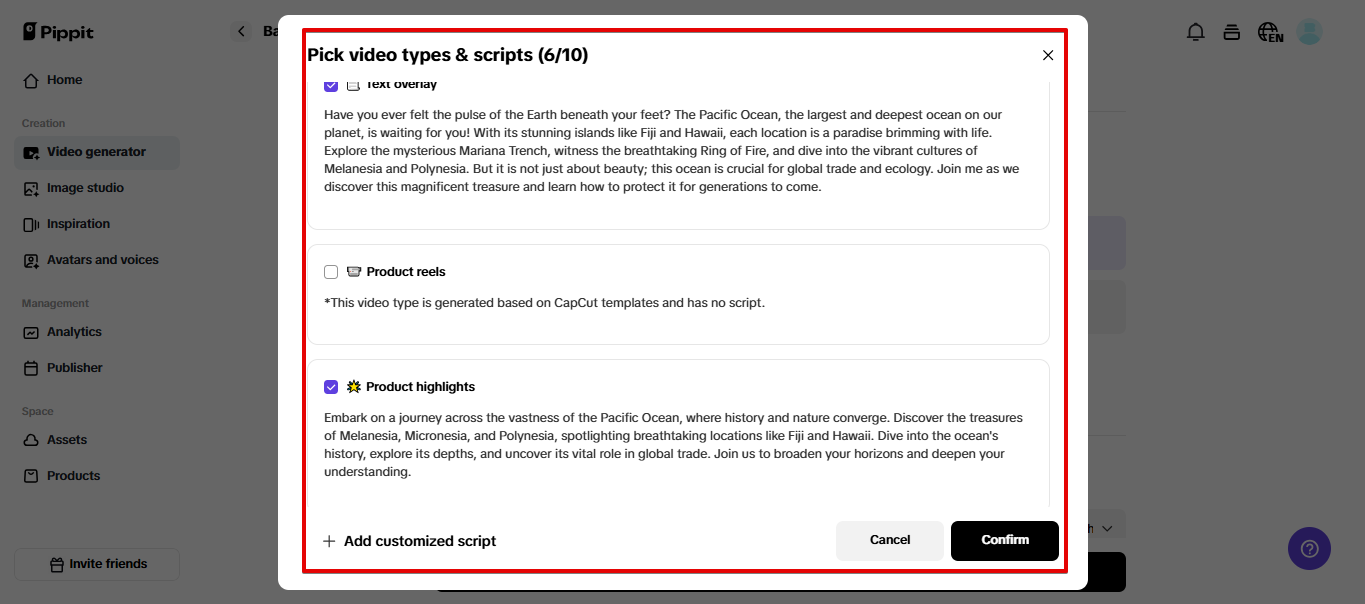 Génération automatique de scripts dans Pippit